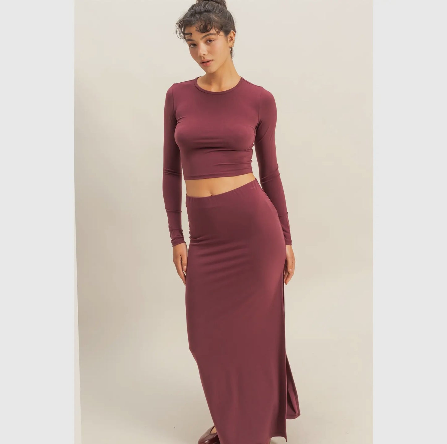 Double Zero long sleeve crop and high slit maxi skirt set