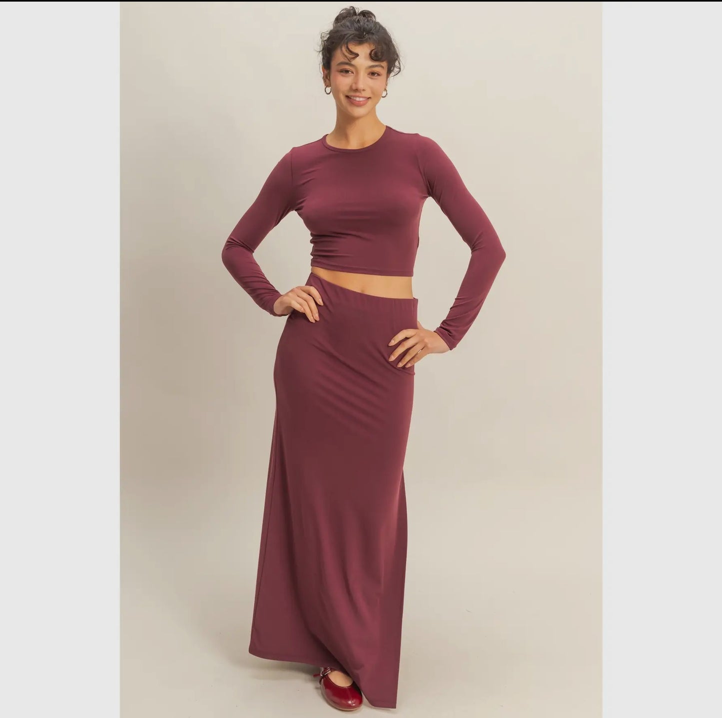 Double Zero long sleeve crop and high slit maxi skirt set