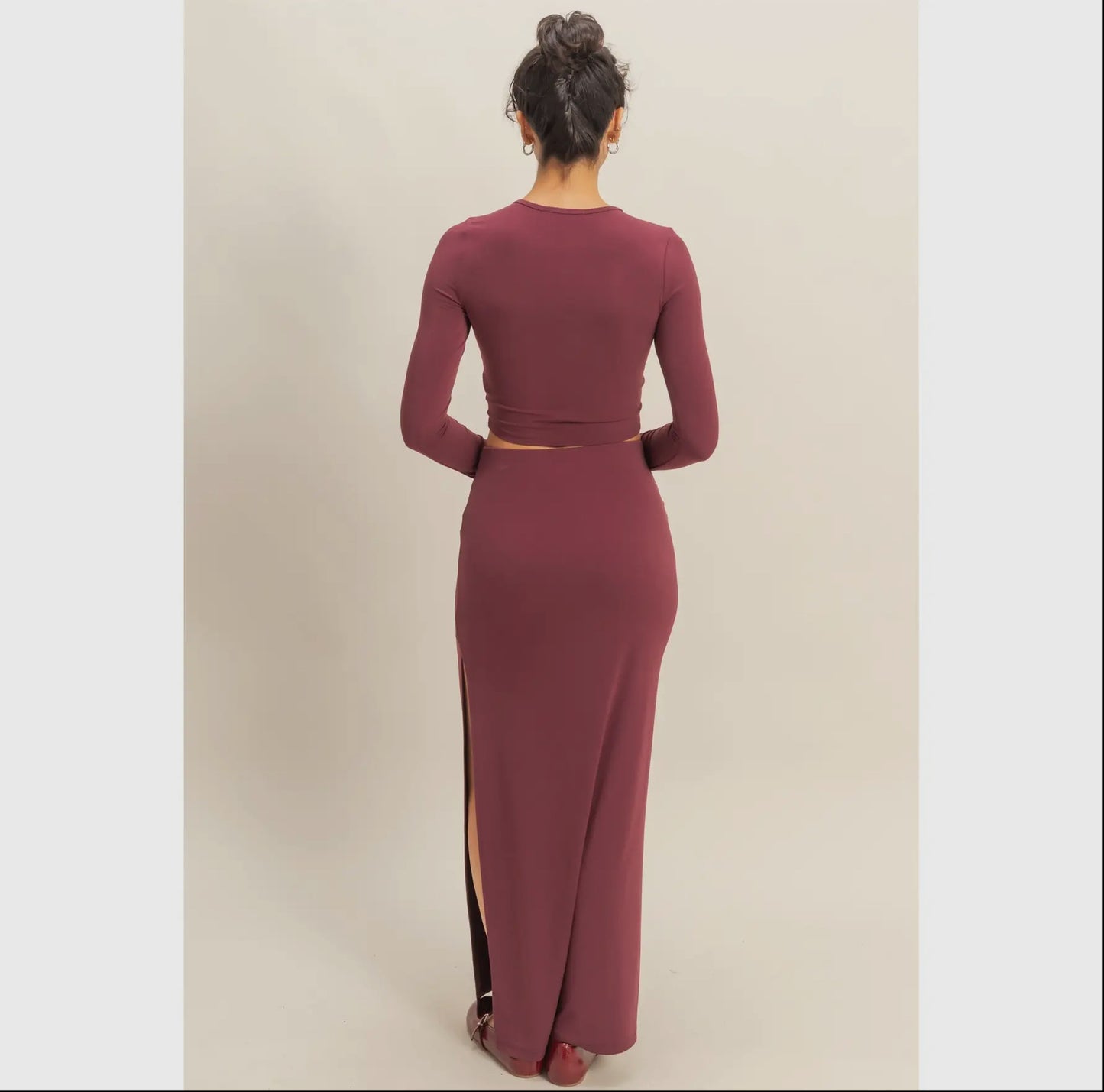 Double Zero long sleeve crop and high slit maxi skirt set