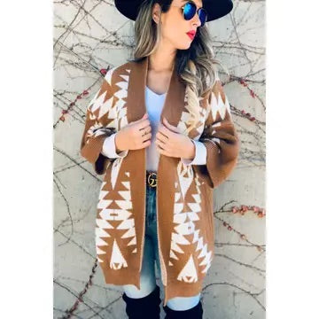 AMOLI Carmel Open Front Aztec Printed Knitted Cardigan