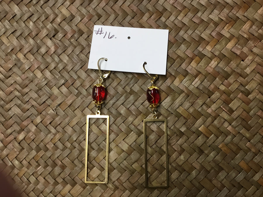 Geri Greene gold rectangular earring red stone